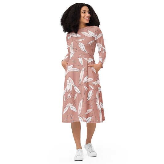 Feathered Finesse Women's Long Sleeve Midi Dress - FLAKOUT