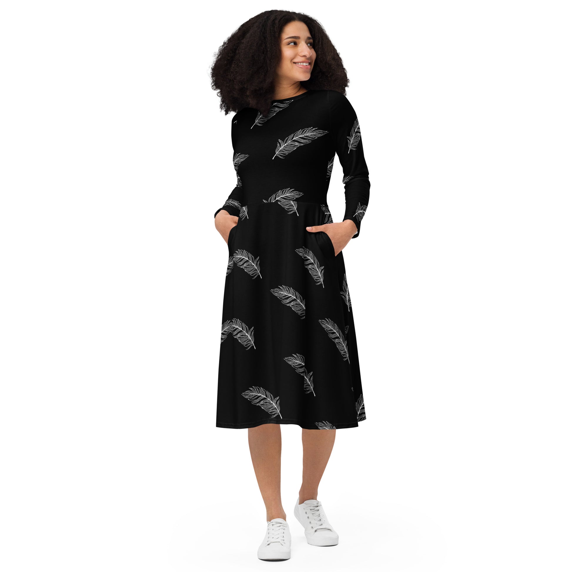 Ethereal Plumes Women's Long Sleeve Midi Dress - FLAKOUT