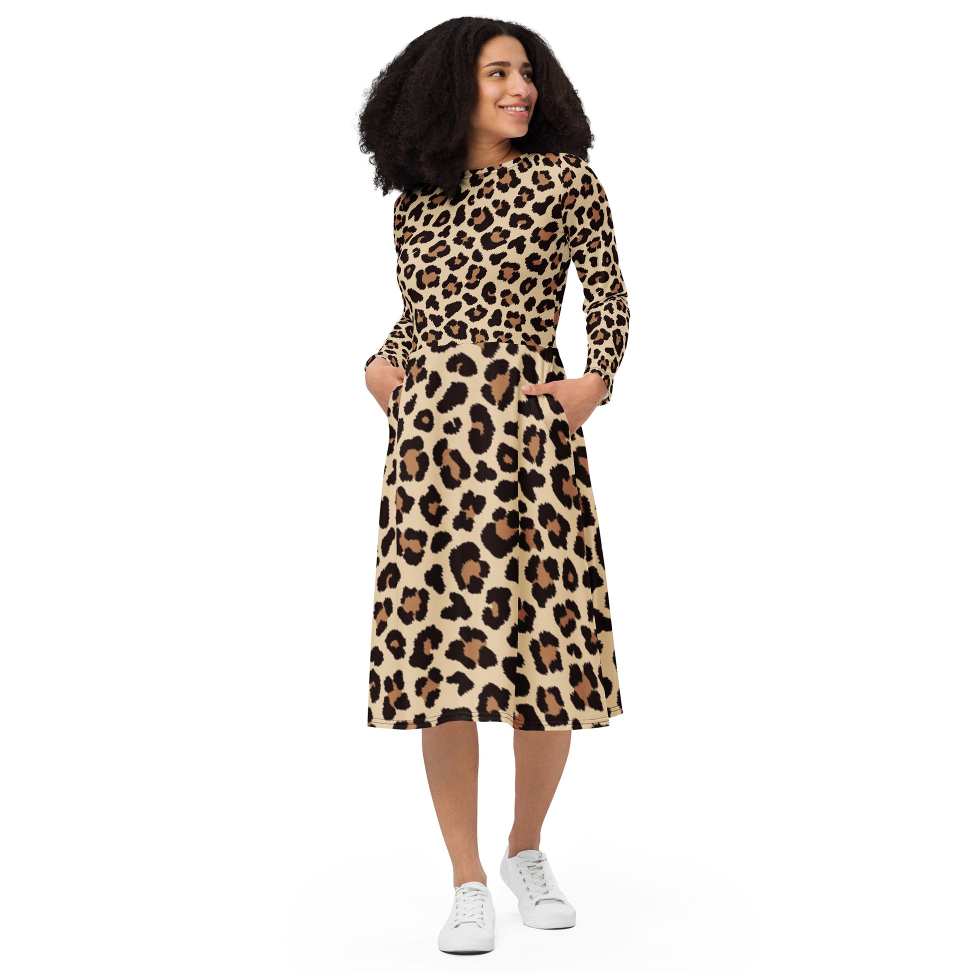 Leopar Chic Feline Women's Long Sleeve Midi Dress - FLAKOUT